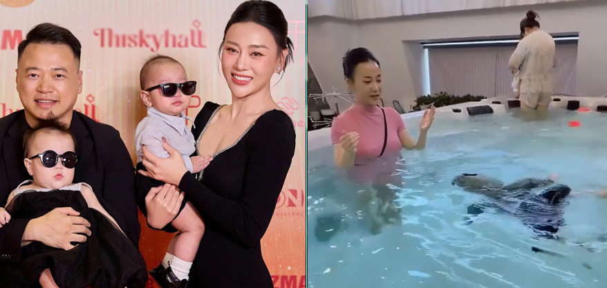 Phương Oanh cho cặp sinh đôi tập bơi khi mới hơn 1 tuổi, netizen tranh c:ãi d:ữ dội: “Làm mẹ gì mà thấy con uống nước vẫn quay cl:ip được?”
