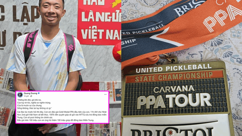 Ngôi sao pickleball Quang Dương mang huy chương vàng lịch sử ra đấu giá cứu trợ miền Trung: “1 miếng khi đói bằng 1 gói khi no…” khiến ai nấy xúc động!