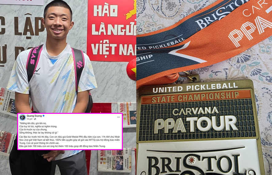 Ngôi sao pickleball Quang Dương mang huy chương vàng lịch sử ra đấu giá cứu trợ miền Trung: “1 miếng khi đói bằng 1 gói khi no…” khiến ai nấy xúc động!