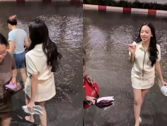 Hoa hậu Vbiz lội nước ngập Hà Nội, netizen chỉ lo zoom body cam thường: Đúng là đẹp bất chấp hoàn cảnh!