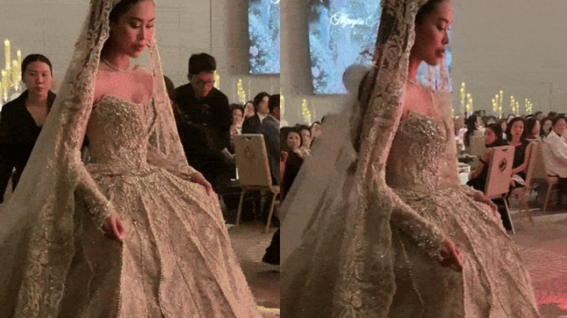 Khoảnh khắc Tiên Nguyễn vất vả ‘bê’ bộ váy 30kg đính nghìn viên đá quý trong tiệc cưới đến mức mất luôn vẻ tự tin: Sao phải kh:ổ vậy chời!