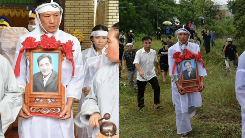 Xót xa tột cùng: Con trai ôm di ảnh, con gái 12 tuổi chống gậy dẫn đầu đám tang Thương Tín giữa cảnh vắng lặng, không một đồng nghiệp xuất hiện!