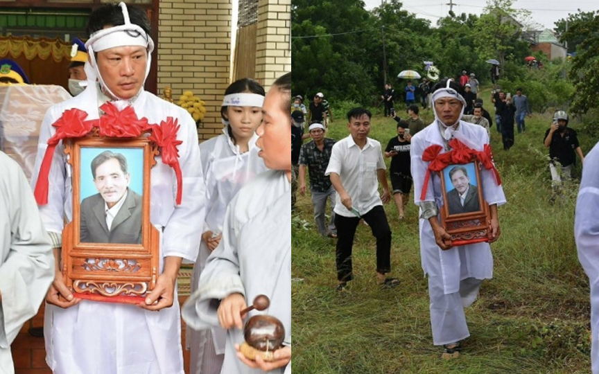 Xót xa tột cùng: Con trai ôm di ảnh, con gái 12 tuổi chống gậy dẫn đầu đám tang Thương Tín giữa cảnh vắng lặng, không một đồng nghiệp xuất hiện!