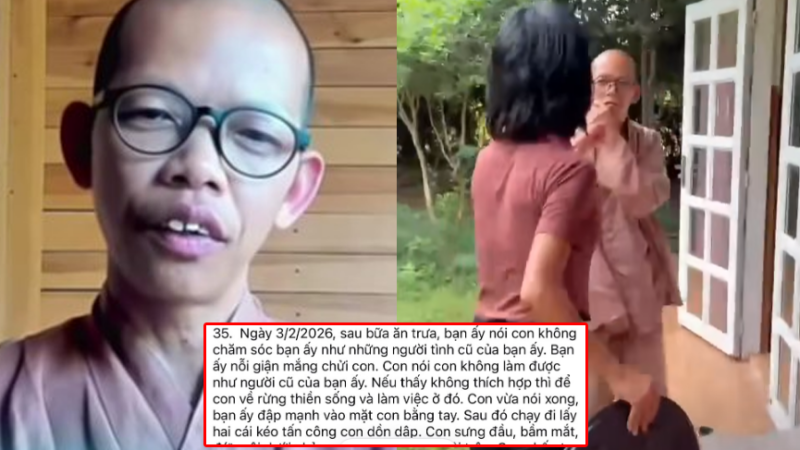 Khầy Thích Nhuận Đạt tố bị chị Tym hành hung dã man: Bị tát vào mặt, còn bị cầm kéo lao tới tấn công khiến đầu sưng, mắt bầm, môi rách chảy máu