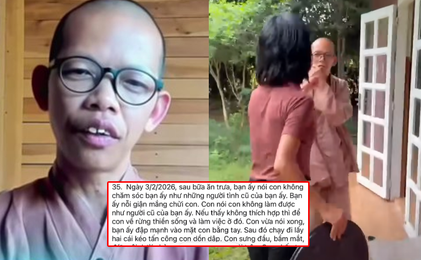 Khầy Thích Nhuận Đạt tố bị chị Tym hành hung dã man: Bị tát vào mặt, còn bị cầm kéo lao tới tấn công khiến đầu sưng, mắt bầm, môi rách chảy máu